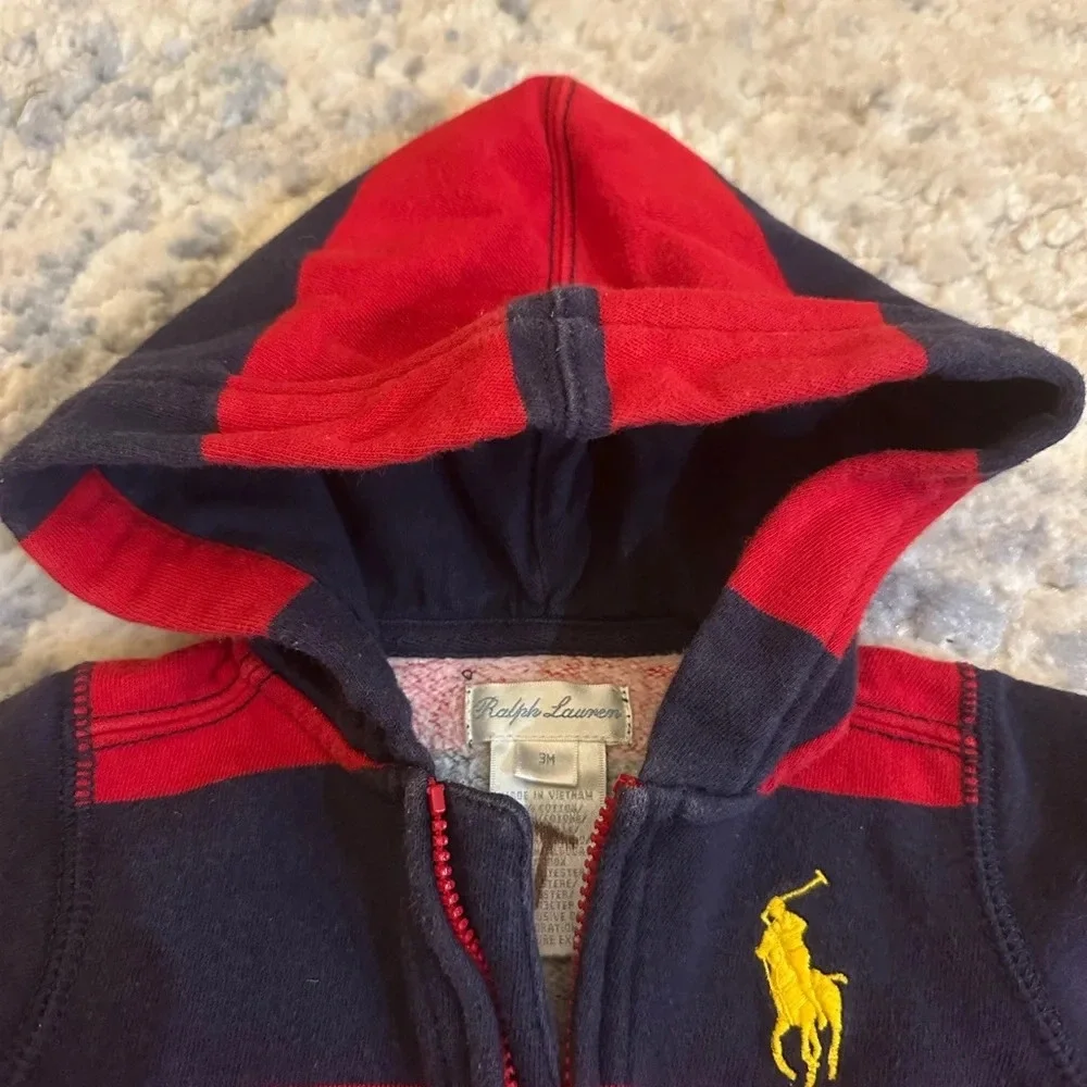 Ralph Lauren Baby Red Navy Stripe Zip Hoodie Big Pony Logo Preppy Size 3M